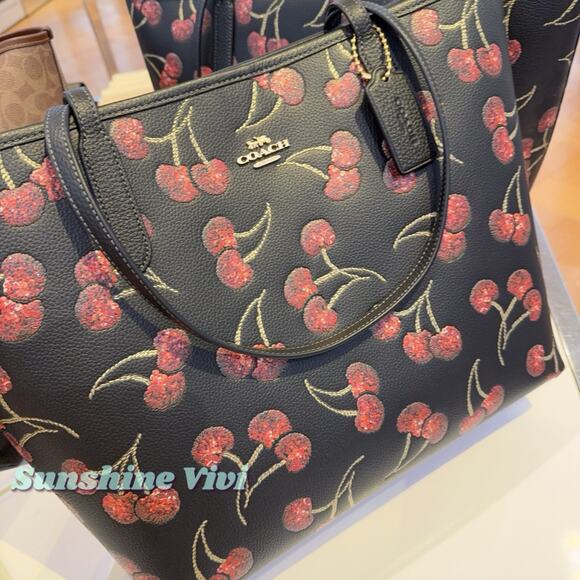 NWT Coach City Tote Bag With Cherry Print CCZ18 Gold/Black Multi - Picture 2 of 7